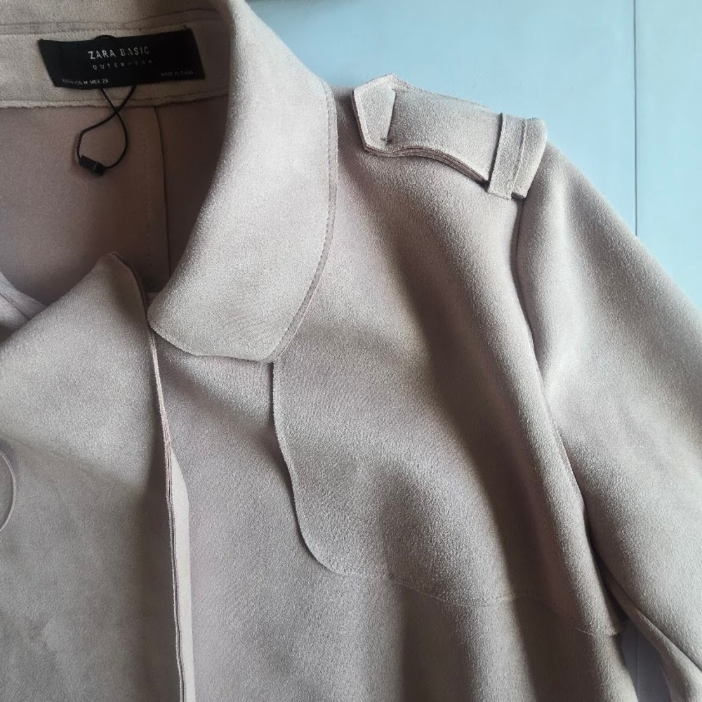 Zara Trench Coat Womens M Pink Faux Suede Belted Minimalist Romantic Parisian - Picture 10 of 16